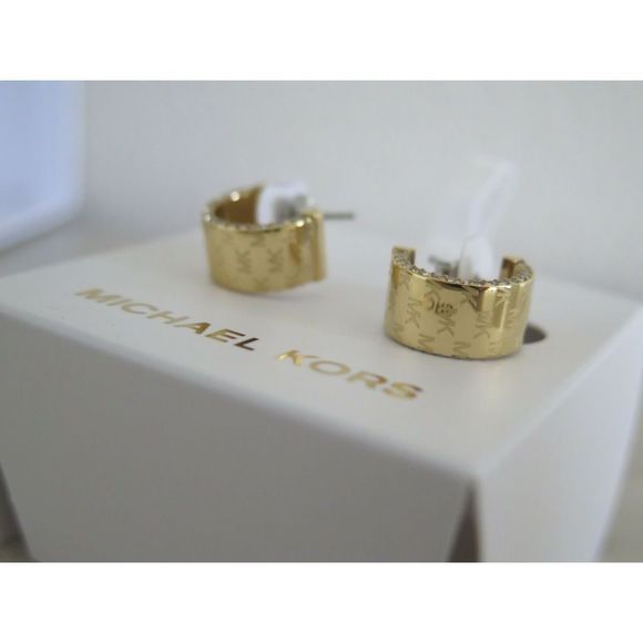 Michael Kors MKJX7845710 MK Monogram Yellow Gold Hoop Stud Earrings Crystals - Picture 3 of 10